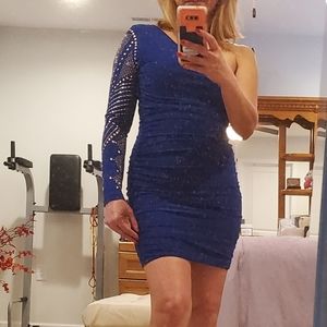 One shoulder blue dress spandex with ruched detail
